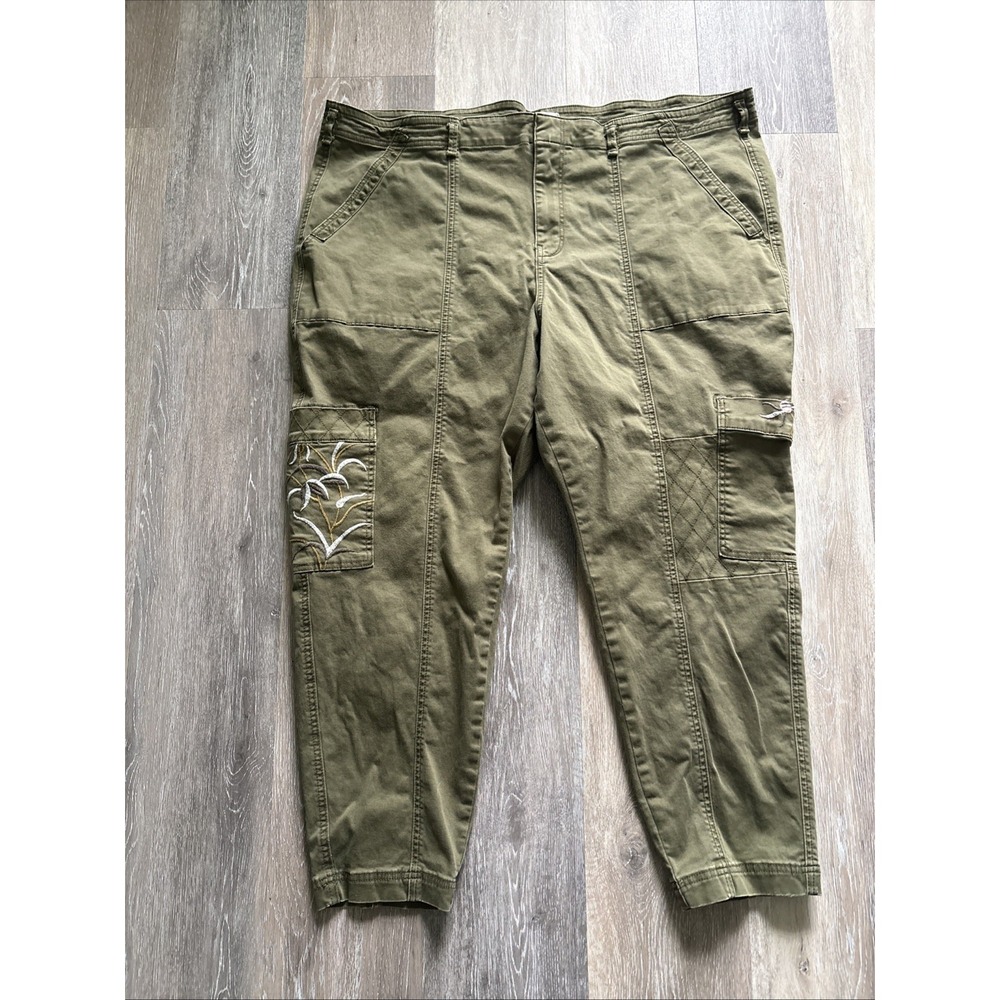 Anthropologie 24W Green Solid Pants Button Zip Front Embroidered Pockets Womens